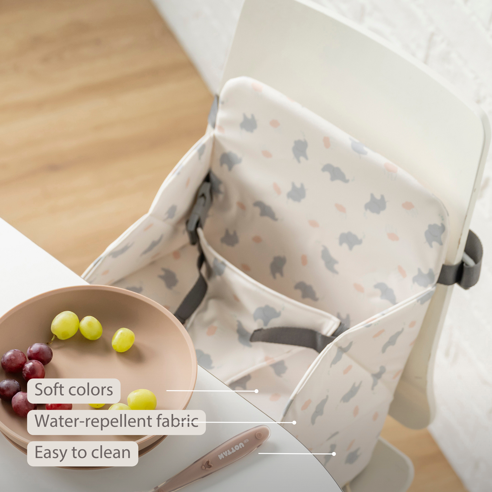 Foody Foldable Booster Seat for Dining Chair - Water-Resistant Seat with Safety Belt - Ecru with Elephants [EN]