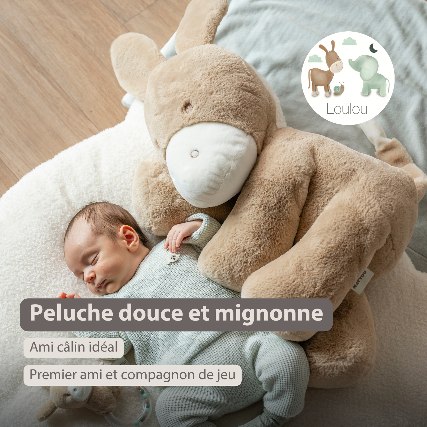 LouLou Plush Donkey - Soft Baby Cuddly Toy - 60 cm - Light Caramel [FR]