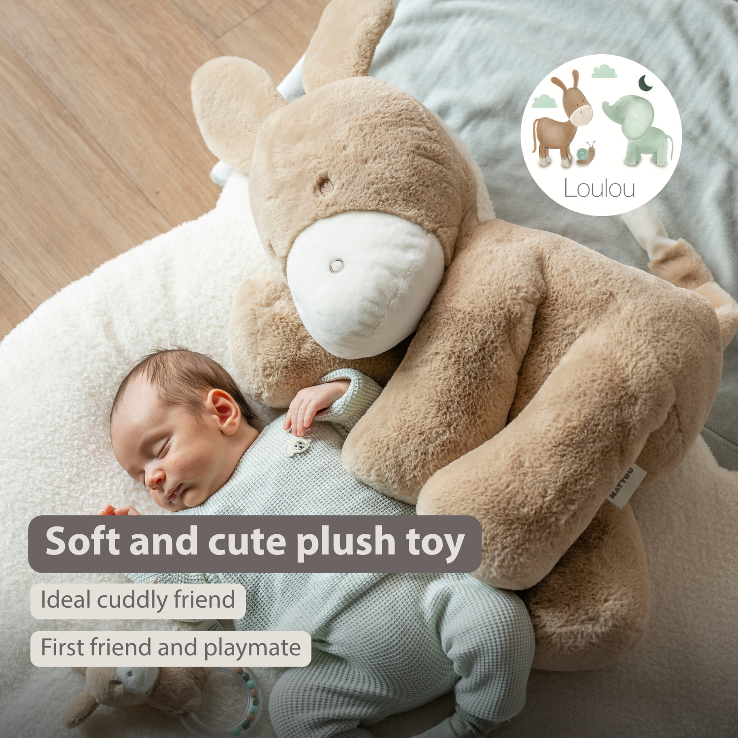 LouLou Plush Donkey - Soft Baby Cuddly Toy - 60 cm - Light Caramel [EN]