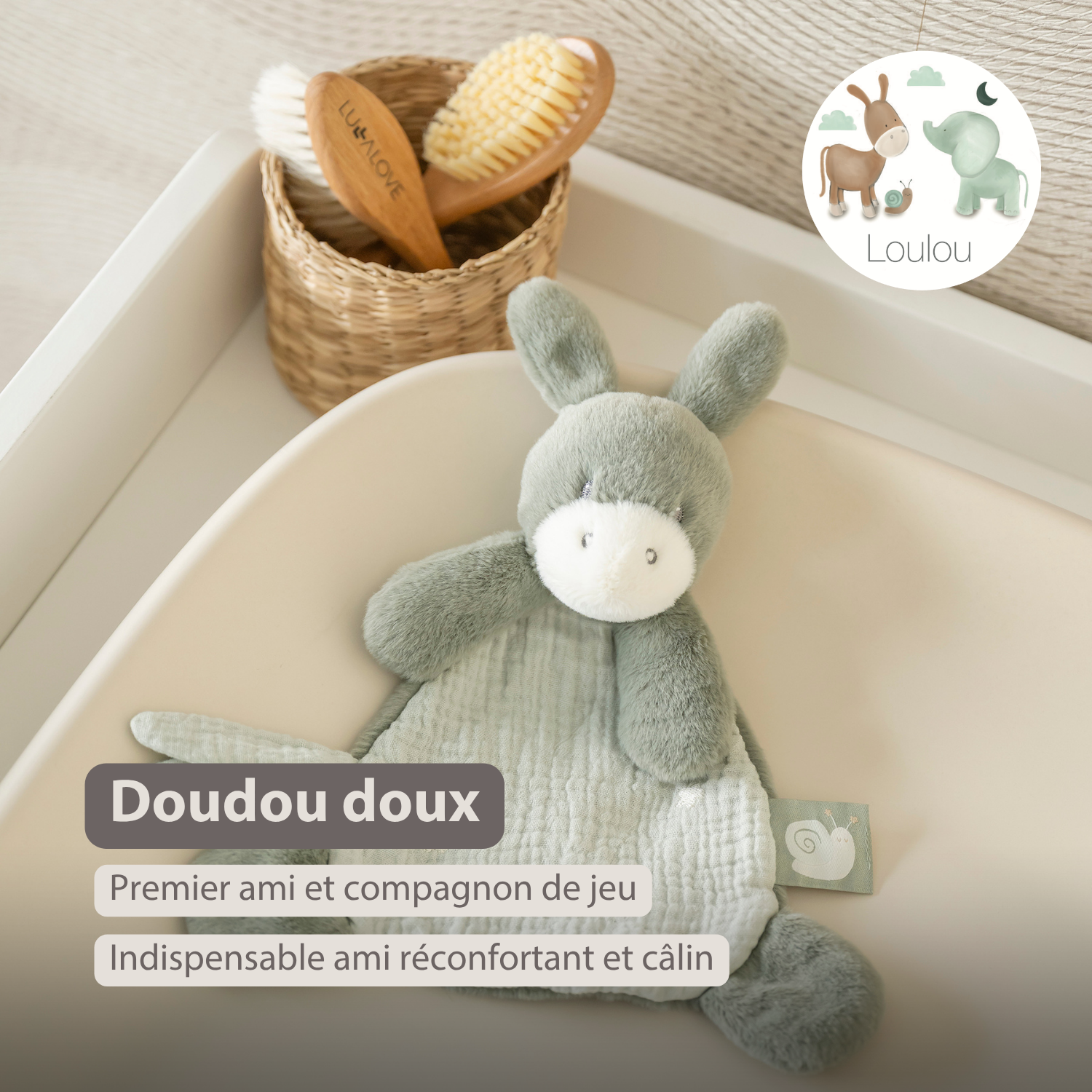 LouLou Mini Comforter Donkey - Baby Blanket
 - 25 cm - Linden Green [FR]