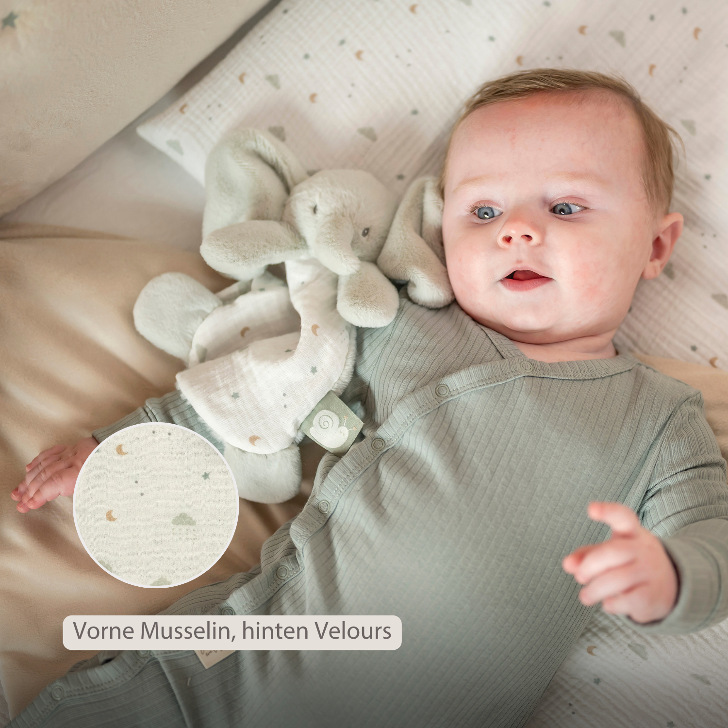 LouLou Mini Comforter Elephant - Baby Blanket - 25 cm - Linden Green and Ecru [DE]