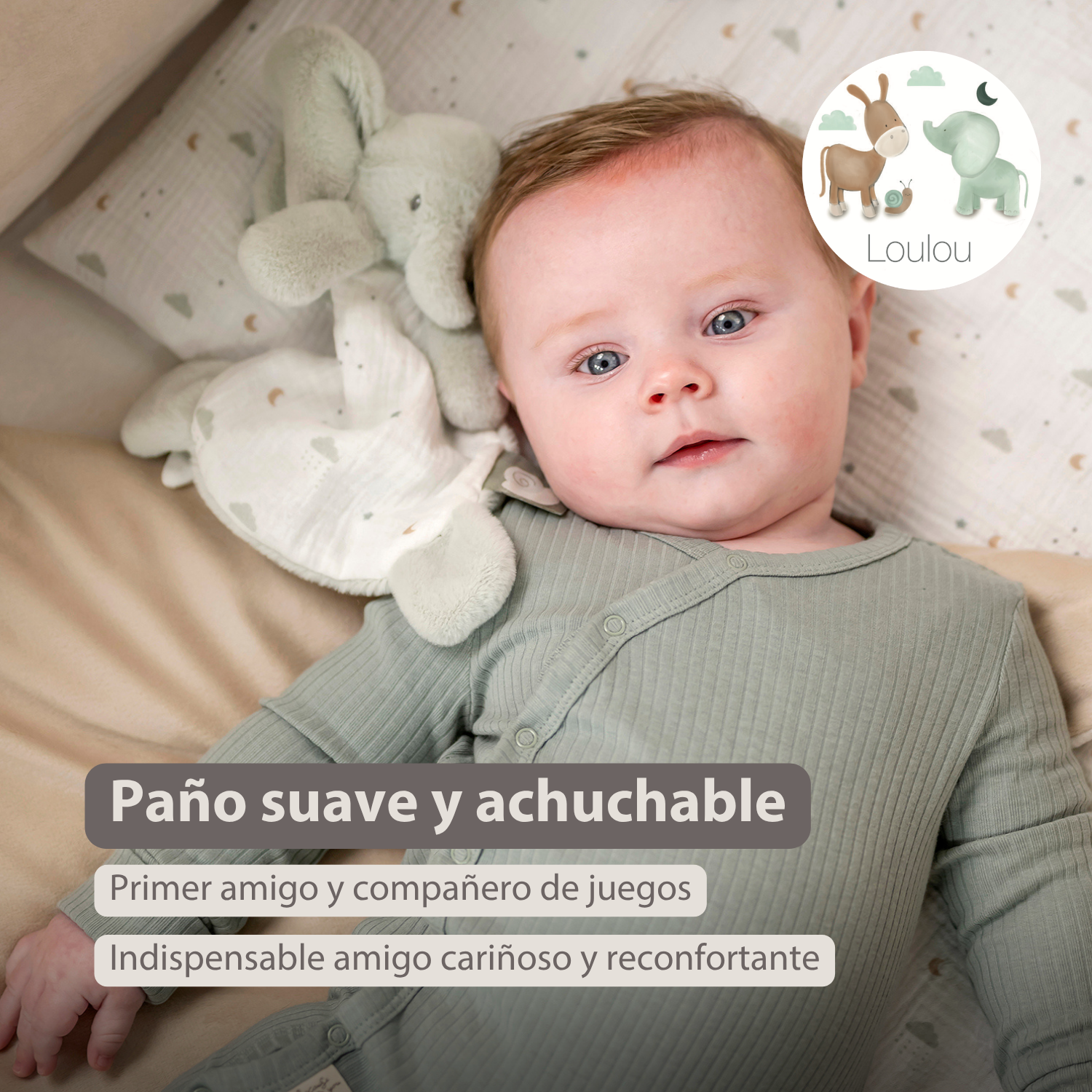 LouLou Mini Comforter Elephant - Baby Blanket - 25 cm - Linden Green and Ecru [ES]