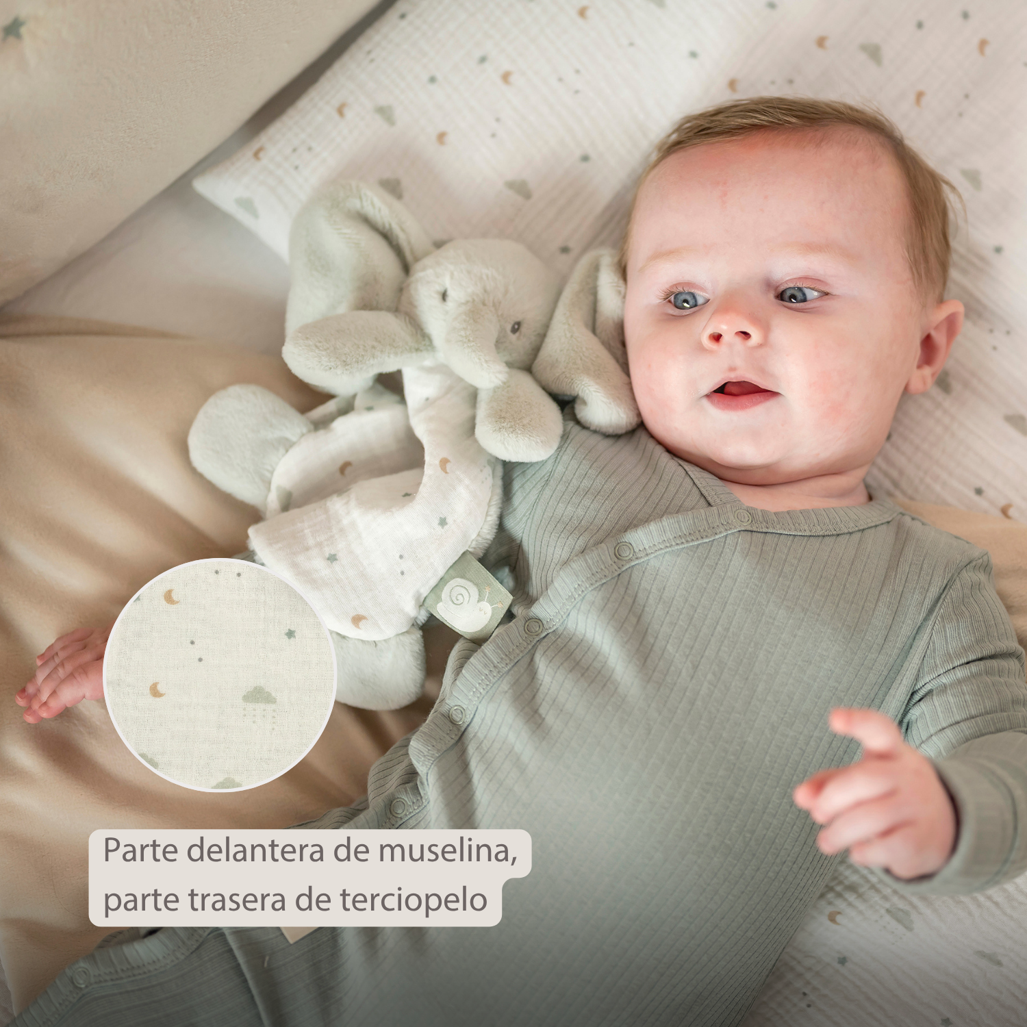 LouLou Mini Comforter Elephant - Baby Blanket - 25 cm - Linden Green and Ecru [ES]