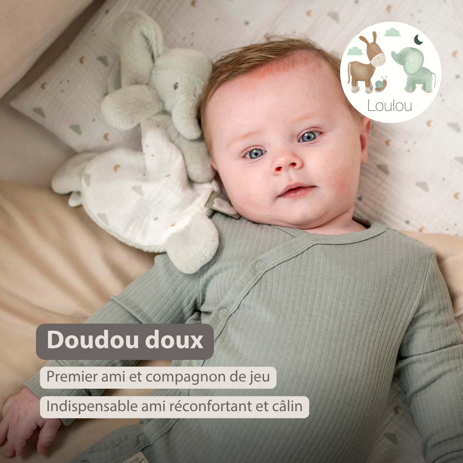 LouLou Mini Comforter Elephant - Baby Blanket - 25 cm - Linden Green and Ecru [FR]