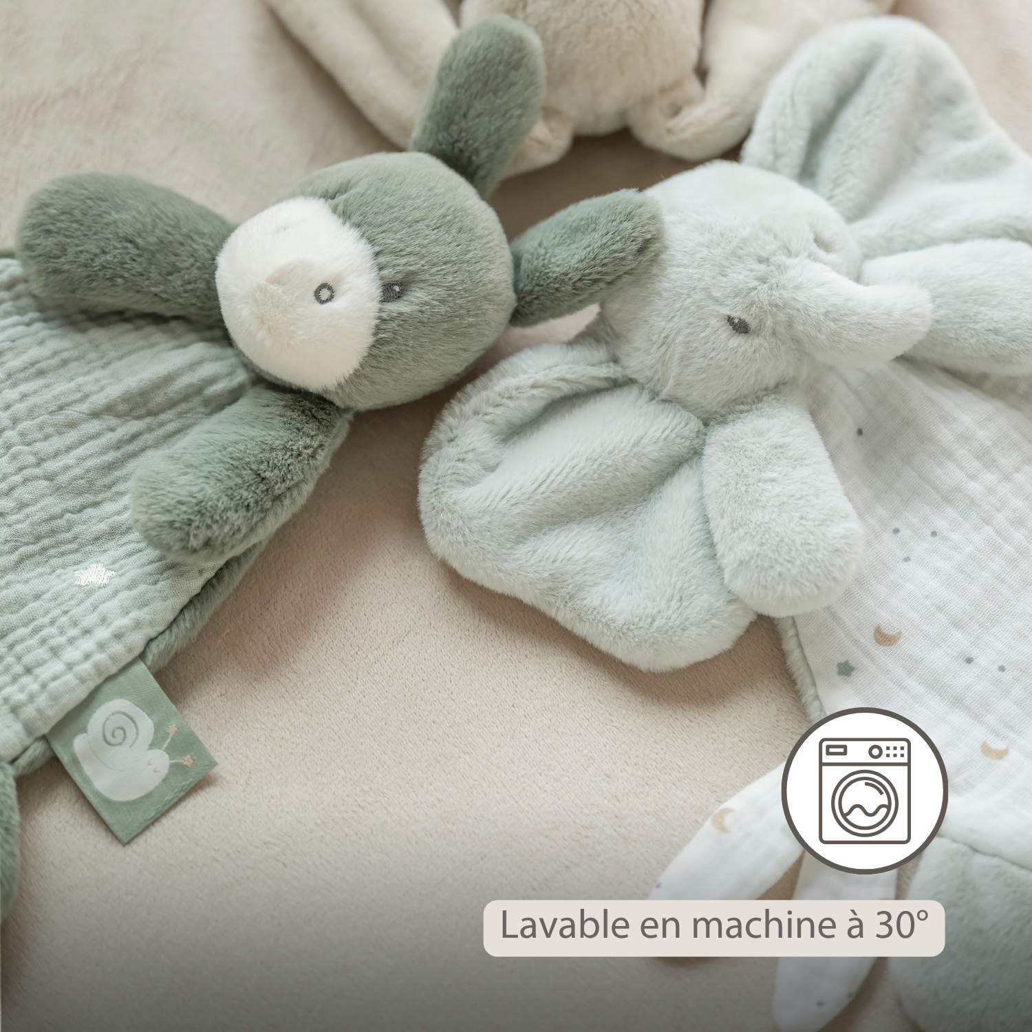 LouLou Mini Comforter Elephant - Baby Blanket - 25 cm - Linden Green and Ecru [FR]