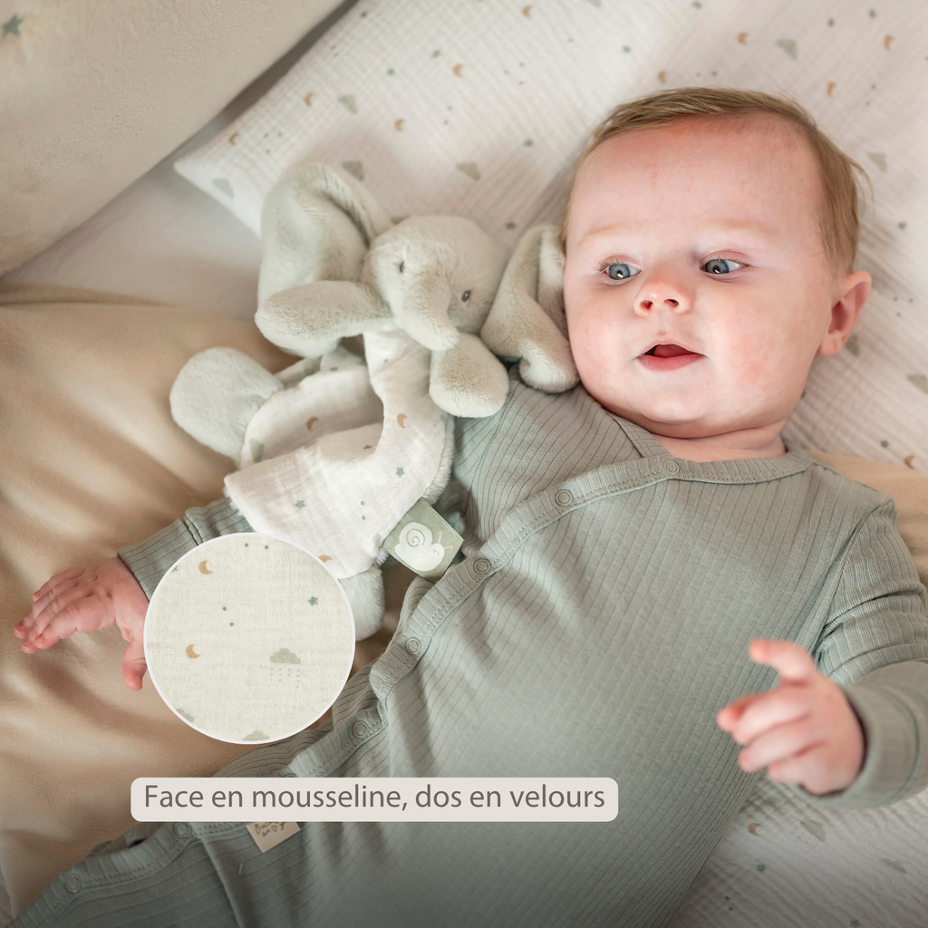 LouLou Mini Comforter Elephant - Baby Blanket - 25 cm - Linden Green and Ecru [FR]