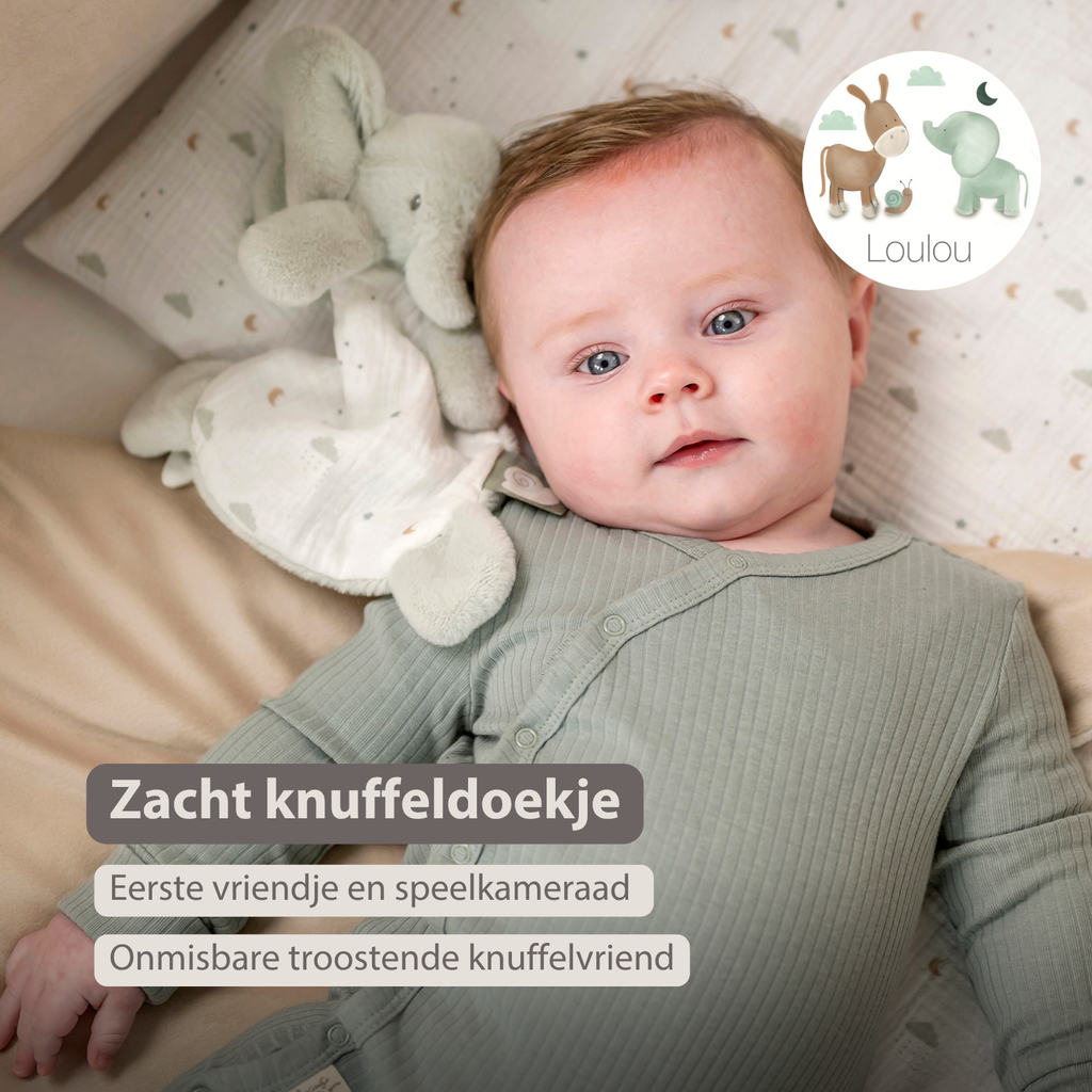 LouLou Mini Comforter Elephant - Baby Blanket - 25 cm - Linden Green and Ecru [NL]