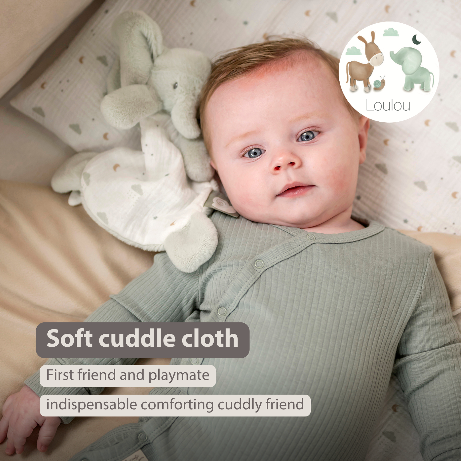 LouLou Mini Comforter Elephant - Baby Blanket - 25 cm - Linden Green and Ecru [EN]