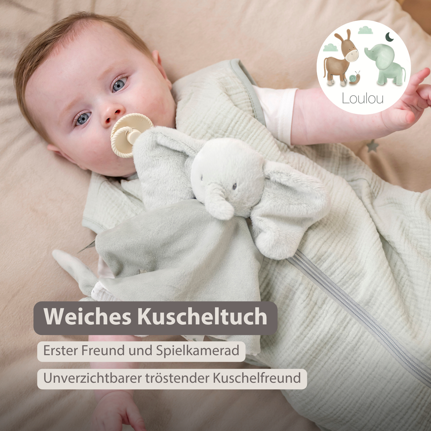 LouLou Comforter Elephant - Baby Blanket - 28 x 28 cm - Linden Green [DE]