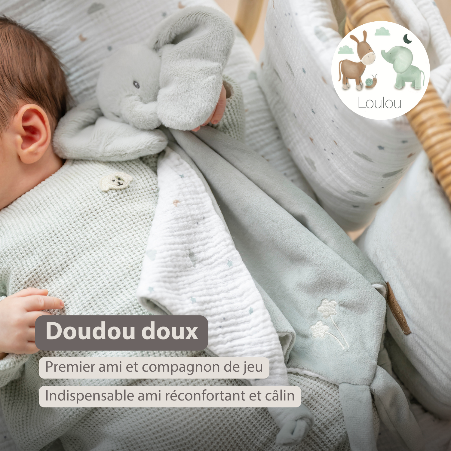 LouLou Maxi Comforter Elephant - Baby Blanket - 60 x 40 cm - Linden Green [FR]