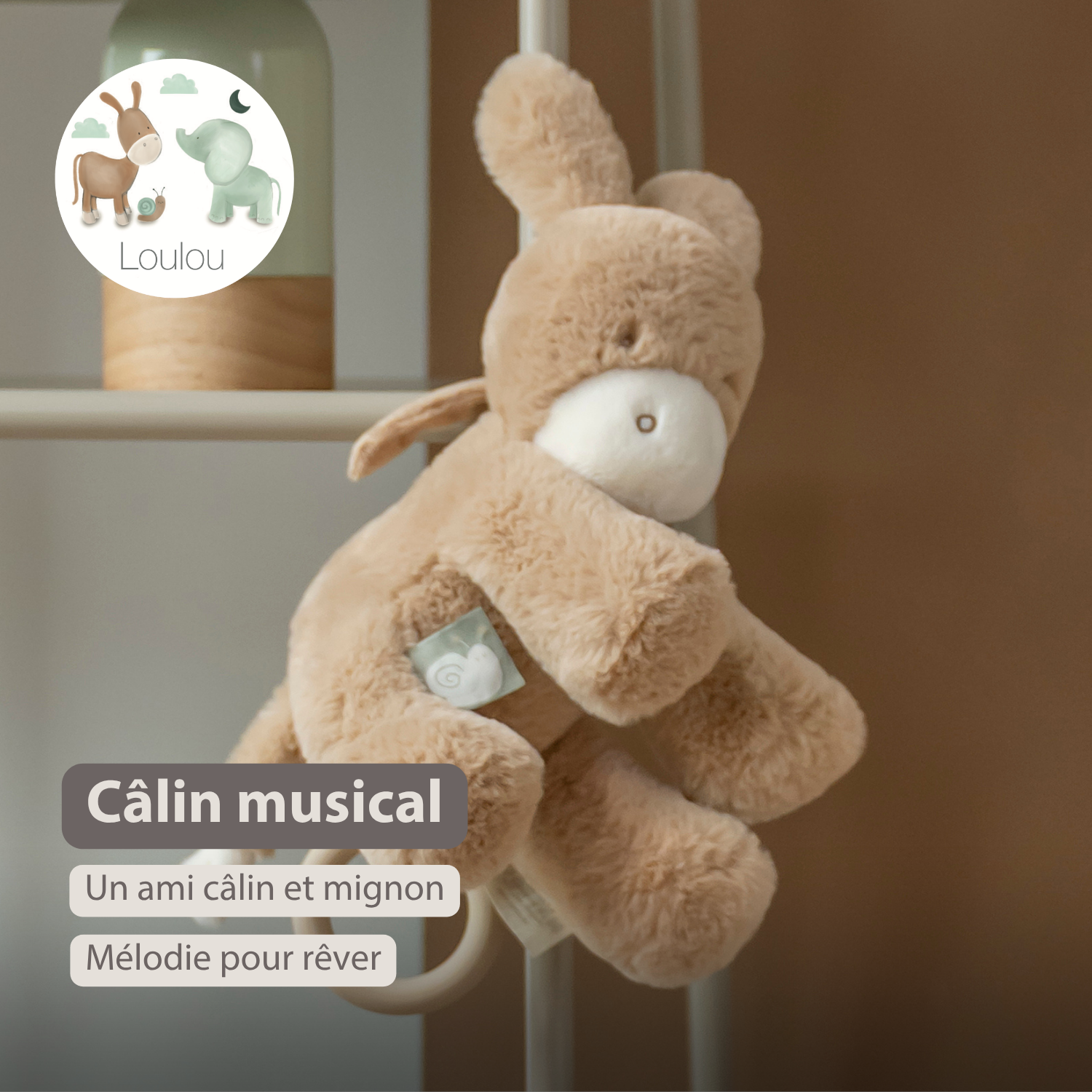 LouLou Musical Plush Donkey - Baby Soft Toy - 30 cm - Light Caramel [FR]