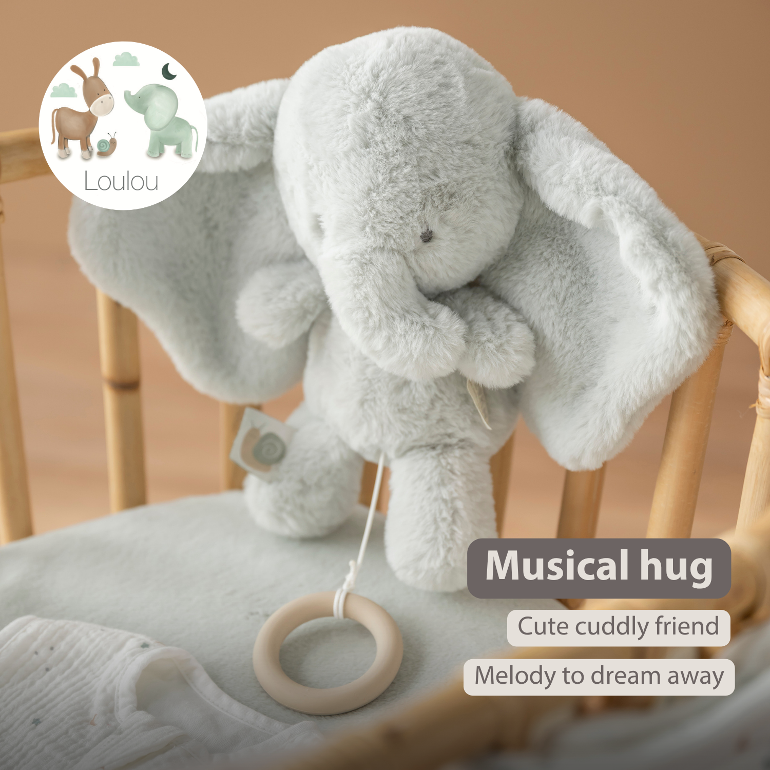 LouLou Musical Plush Elephant  - Baby Soft Toy - 30 cm - Linden Green [EN]