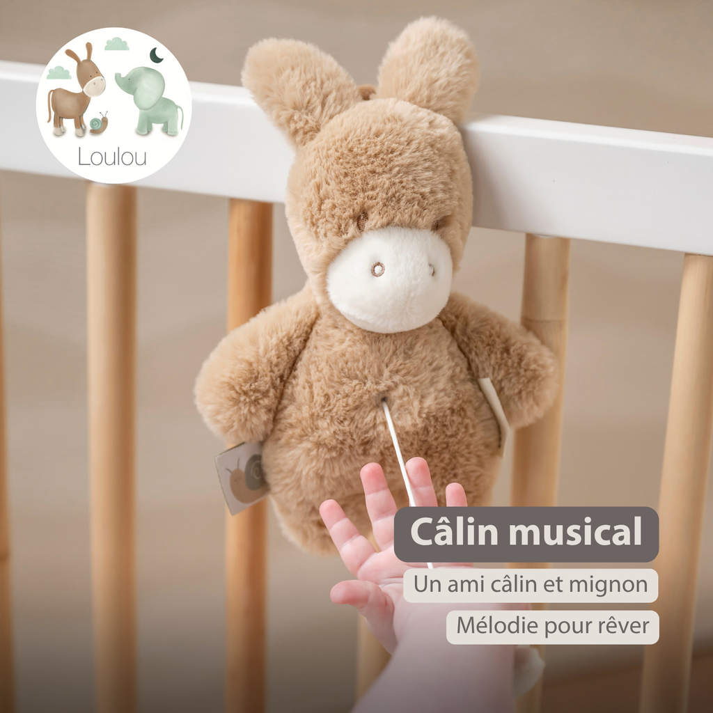 LouLou Mini Musical Plush Donkey - Baby Soft Toy - 20 cm - Light Caramel [FR]