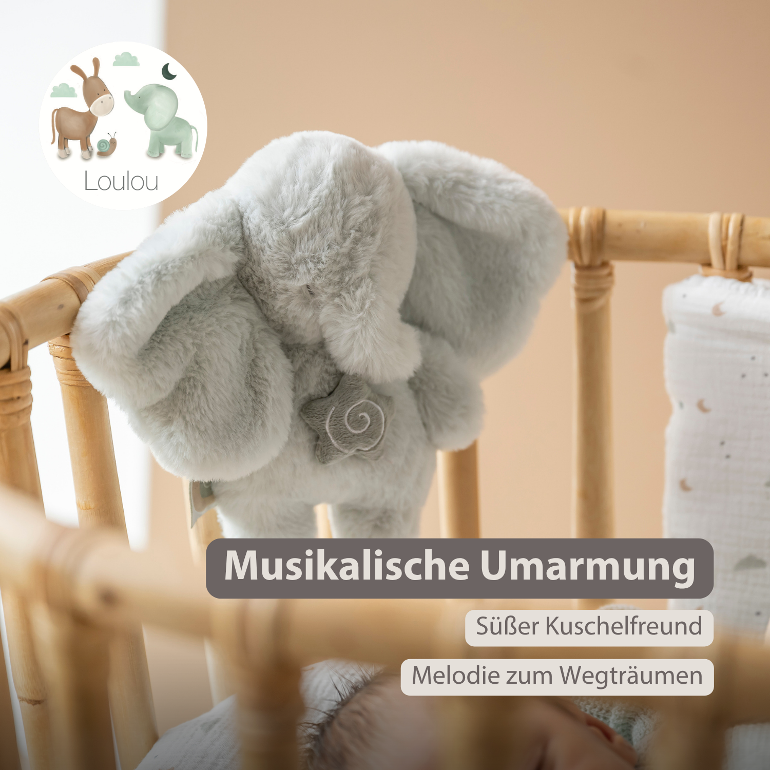 LouLou Mini Musical Plush Elephant - Baby Soft Toy - 20 cm - Linden Green [DE]
