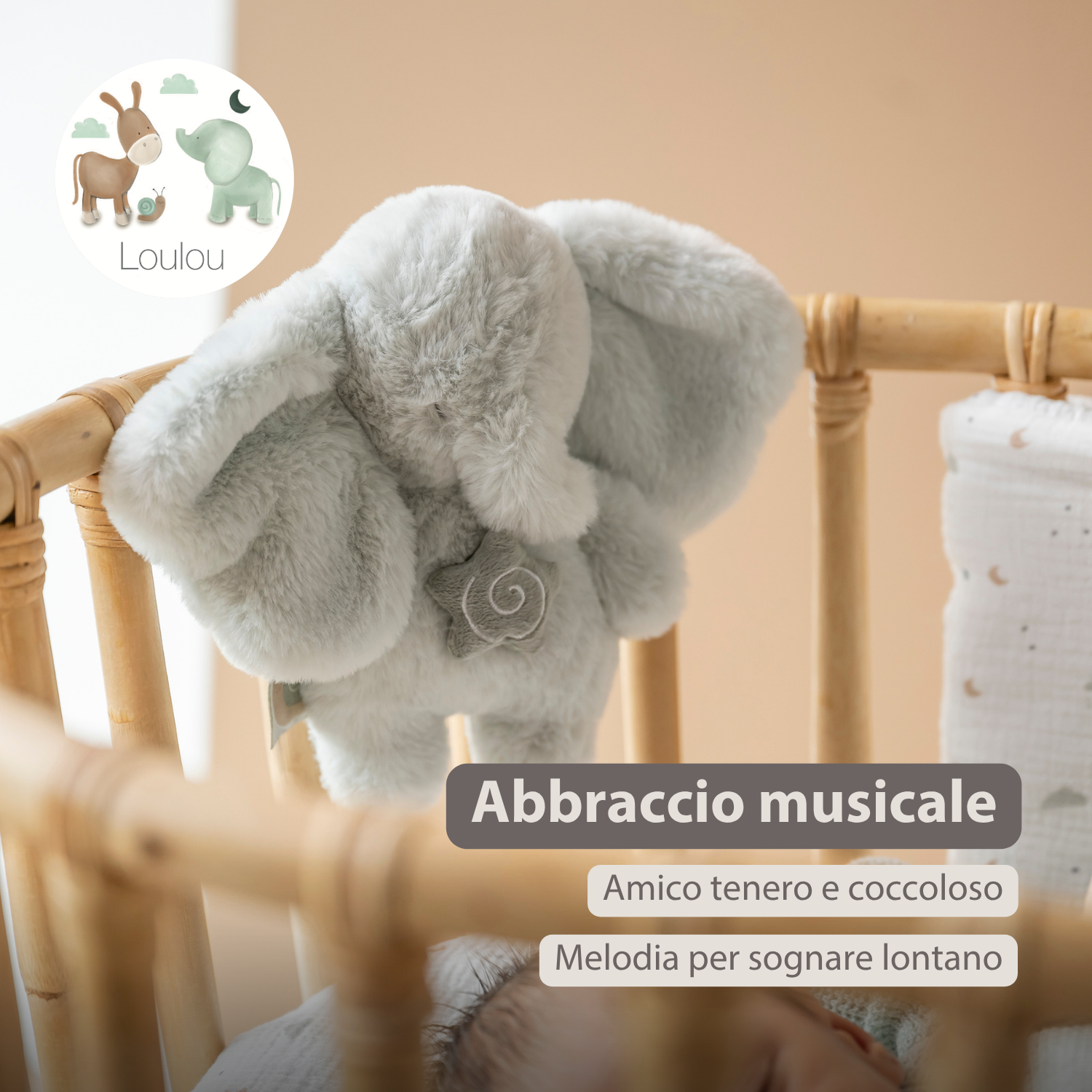 LouLou Mini Musical Plush Elephant - Baby Soft Toy - 20 cm - Linden Green [IT]