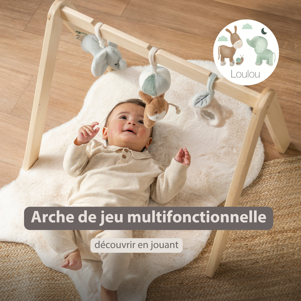 LouLou Wooden Play Arch with Hanging Toys - 60 x 50 x 47 cm - Soft Colours [FR]