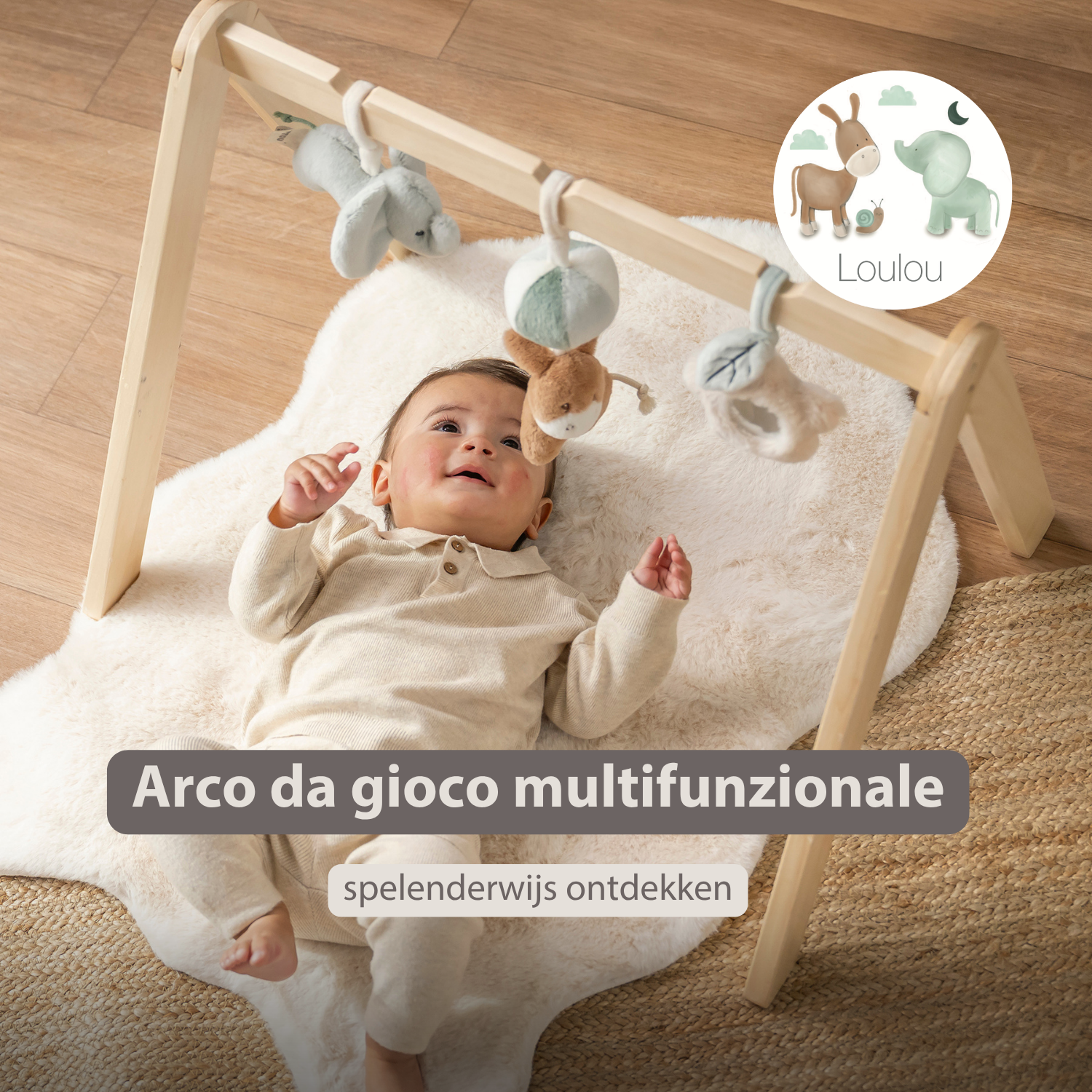 LouLou Wooden Play Arch with Hanging Toys - 60 x 50 x 47 cm - Soft Colours [IT]