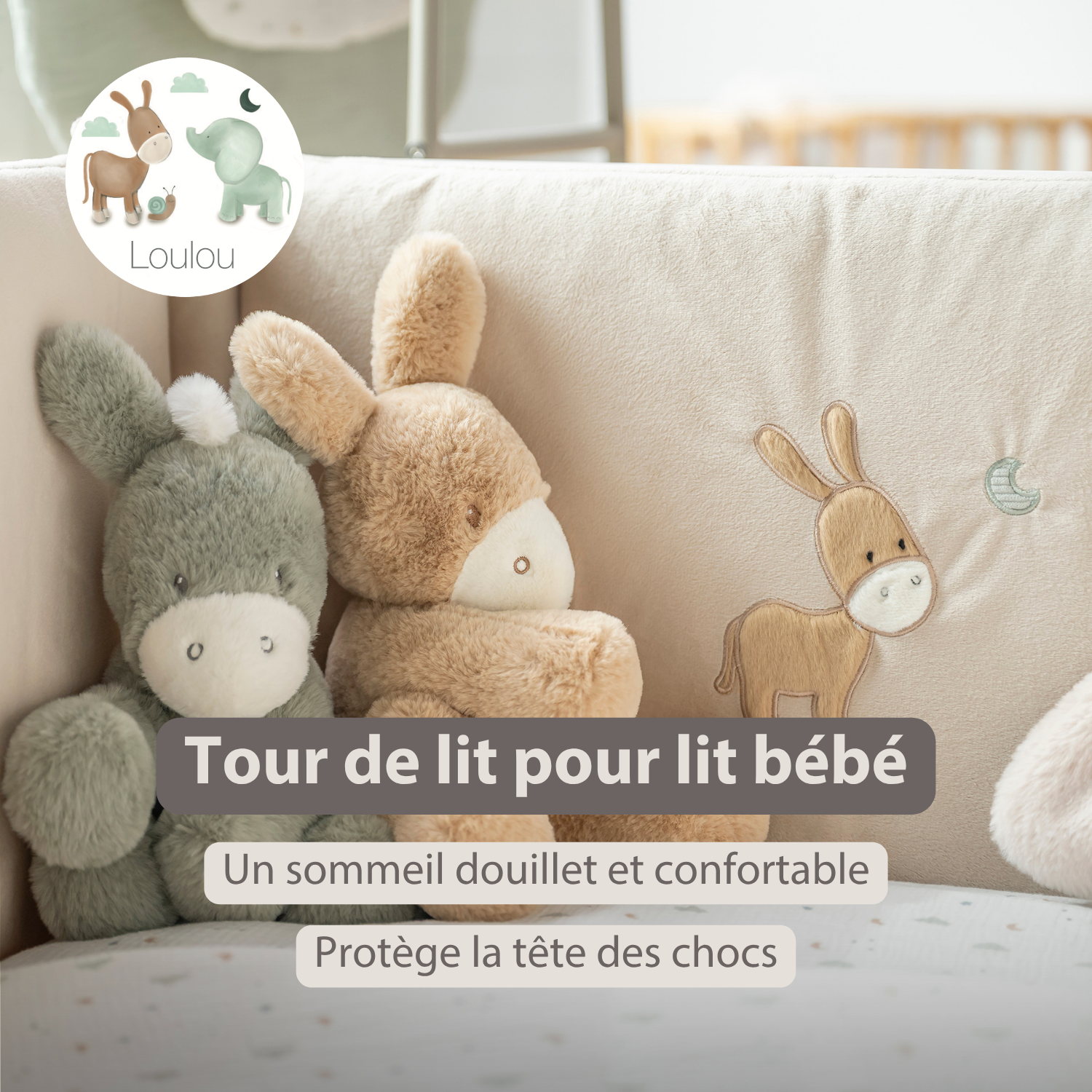 LouLou Bed Bumper Soft Velour - Soft Baby Cot Protection - 180 cm - Sand [FR]