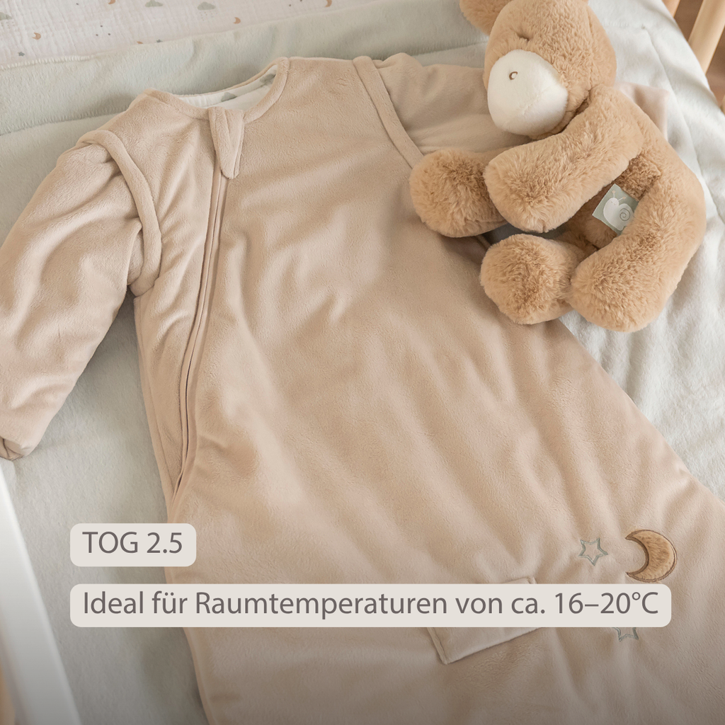 LouLou Sleeping Bag 70 cm - Baby Sleeping Bag with Removable Sleeves in Velour - TOG 2.5 - Sand [DE]
