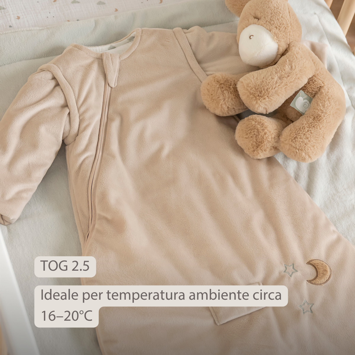 LouLou Sleeping Bag 70 cm - Baby Sleeping Bag with Removable Sleeves in Velour - TOG 2.5 - Sand [IT]