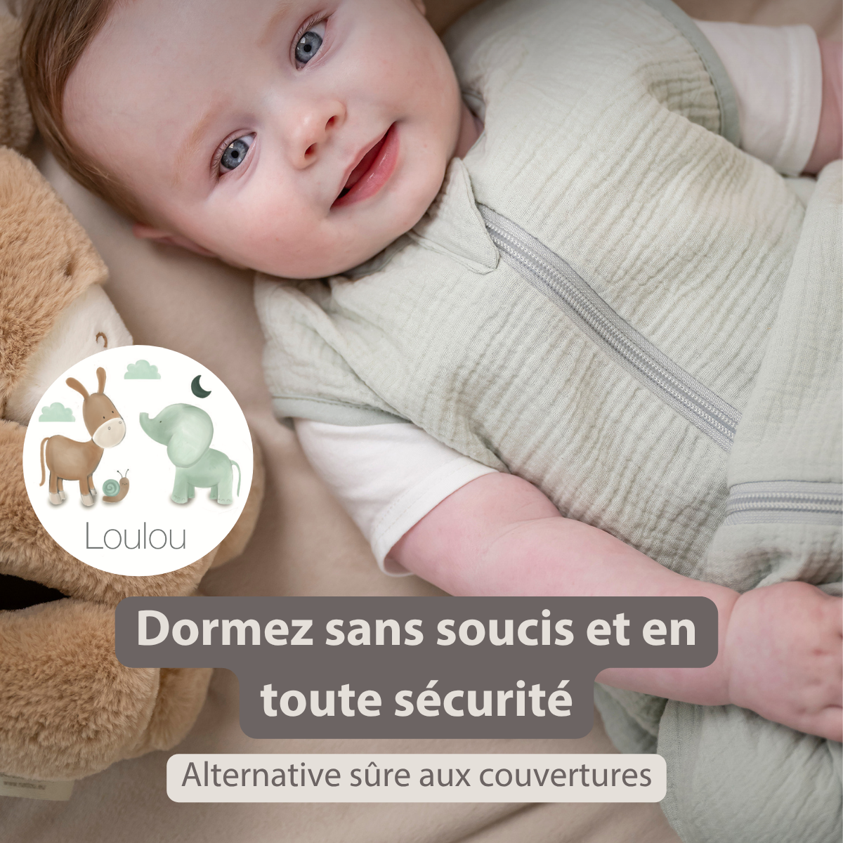 LouLou Sleeping Bag 70 cm - Baby Sleeping Bag in Muslin Cotton - TOG 0.5 - Green [FR]