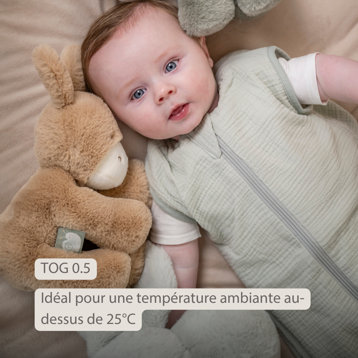 LouLou Sleeping Bag 70 cm - Baby Sleeping Bag in Muslin Cotton - TOG 0.5 - Green [FR]