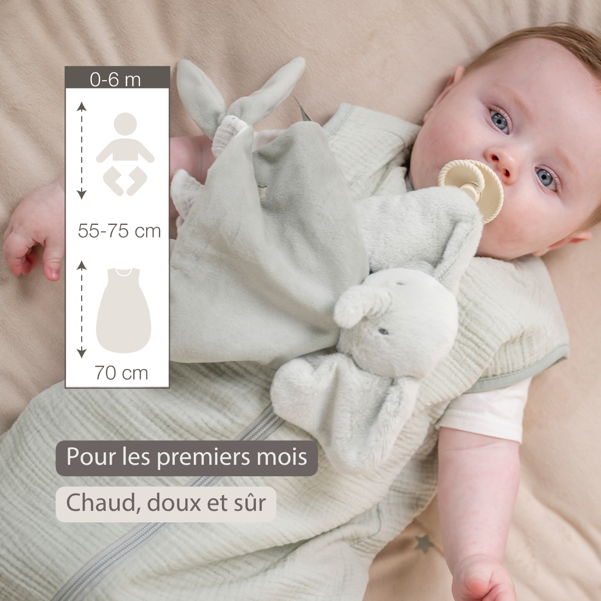 LouLou Sleeping Bag 70 cm - Baby Sleeping Bag in Muslin Cotton - TOG 0.5 - Green [FR]