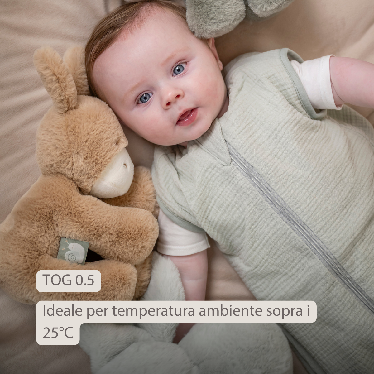LouLou Sleeping Bag 70 cm - Baby Sleeping Bag in Muslin Cotton - TOG 0.5 - Green [IT]