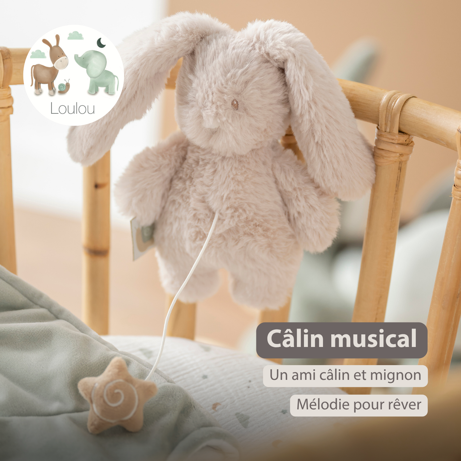 LouLou Mini Musical Plush Rabbit - Baby Soft Toy - 20 cm - Sand [FR]