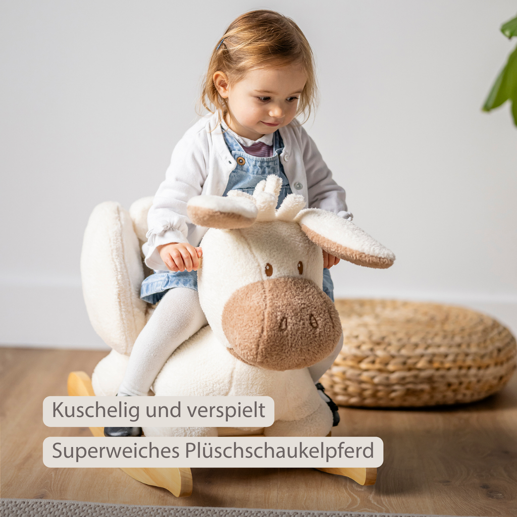 TEDDY Rocking Donkey – Rocking Animal in Teddy Fabric – Ecru [DE]