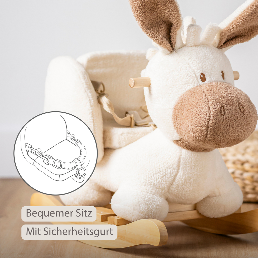 TEDDY Rocking Donkey – Rocking Animal in Teddy Fabric – Ecru [DE]