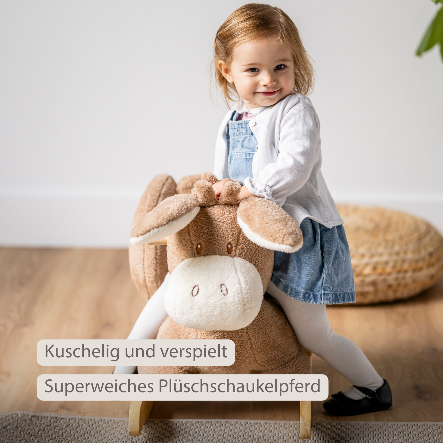 TEDDY Rocking Donkey – Rocking Animal in Teddy Fabric – Beige [DE]