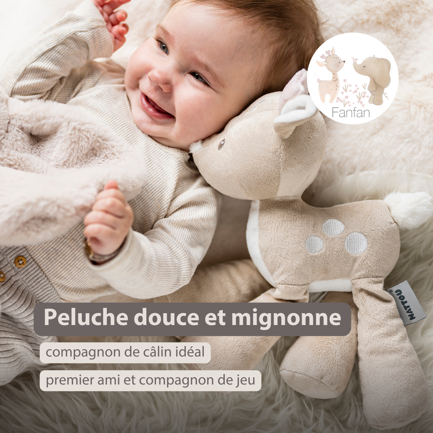 FanFan Plush Deer - 30 cm - Soft Baby Plush - Beige [FR]