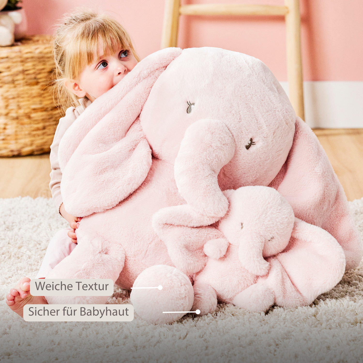 FanFan Maxi Cuddle Elephant – 60 cm – Soft Baby Plush – Pink [DE]
