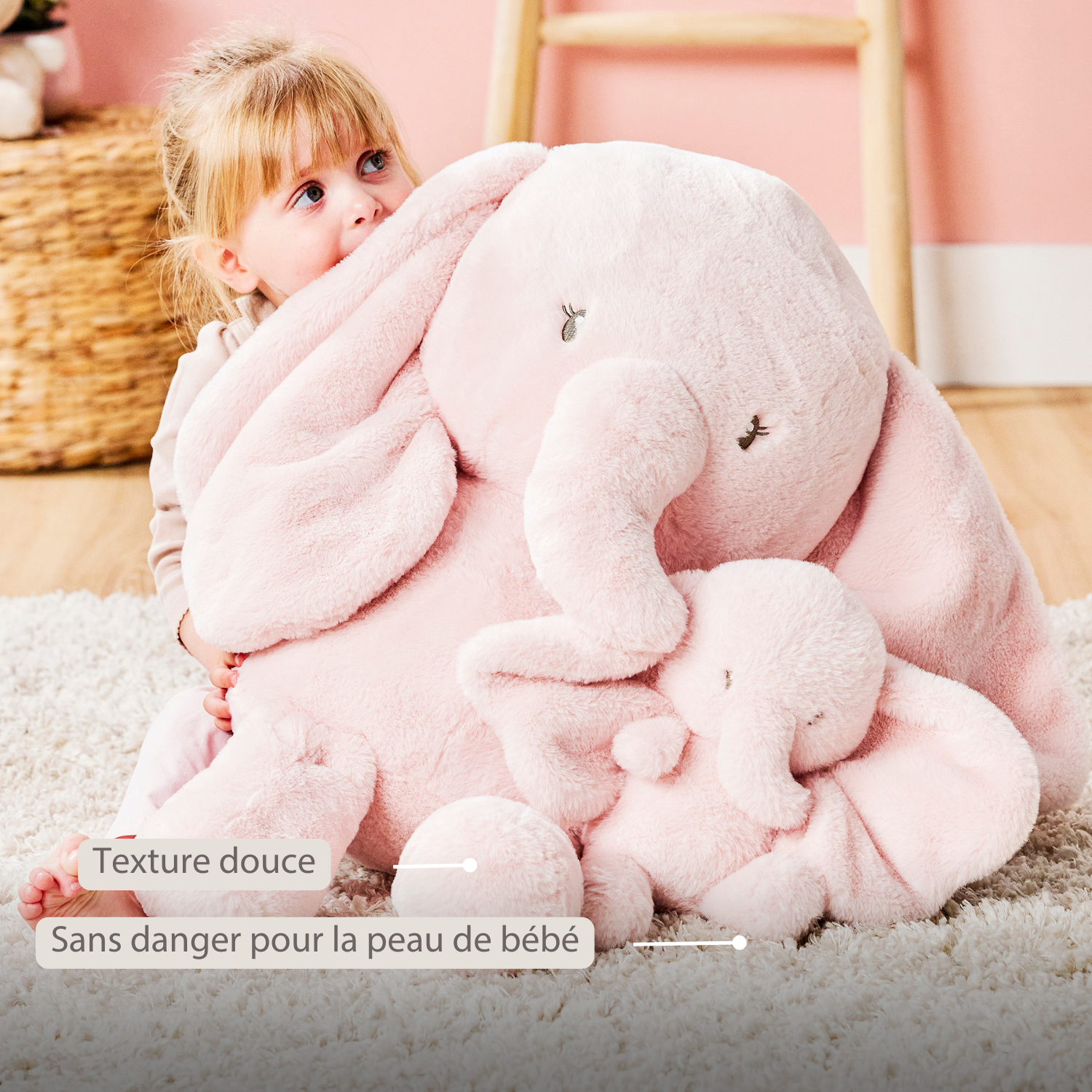 FanFan Maxi Cuddle Elephant – 60 cm – Soft Baby Plush – Pink [FR]