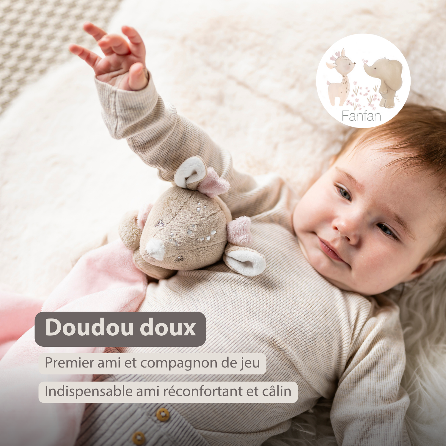 FanFan Baby Cuddle blanket with Cuddle - 27 x 27 cm - Doudou deer - Beige [FR]