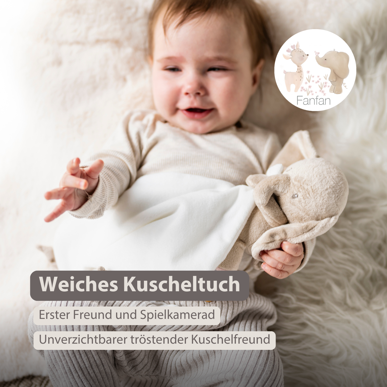 FanFan Baby Stuffed Cloth with Cuddle - 27 x 27 cm - Doudou Elephant - Off White [DE]