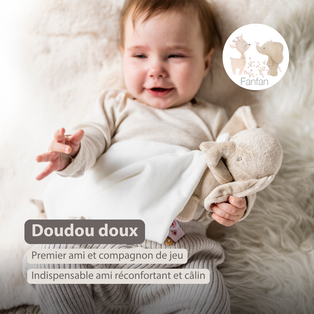 FanFan Baby Stuffed Cloth with Cuddle - 27 x 27 cm - Doudou Elephant - Off White [FR]