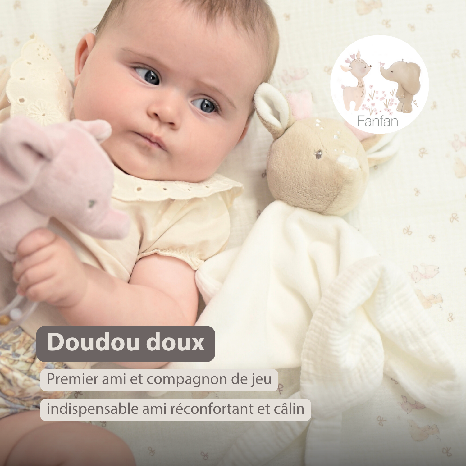 FanFan Baby Cuddly blanket - 27 x 27 cm - Doudou deer - Off White [FR]