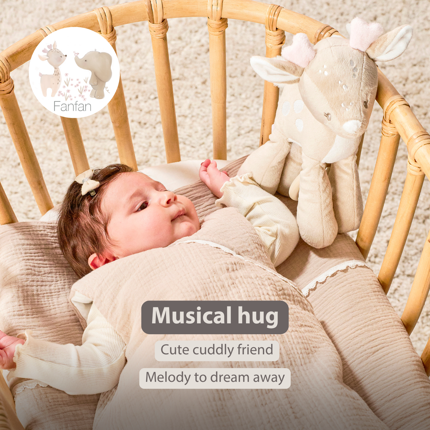 FanFan Musical soft toy little deer - 25 cm - Soft toy with music - Beige [EN]