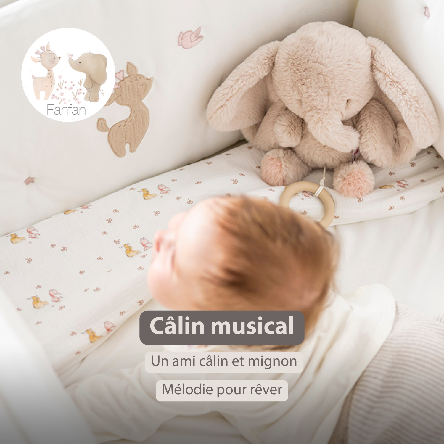 FanFan Musical Cuddle Elephant - 25 cm - Soft Cuddle with Music - Sand [FR]