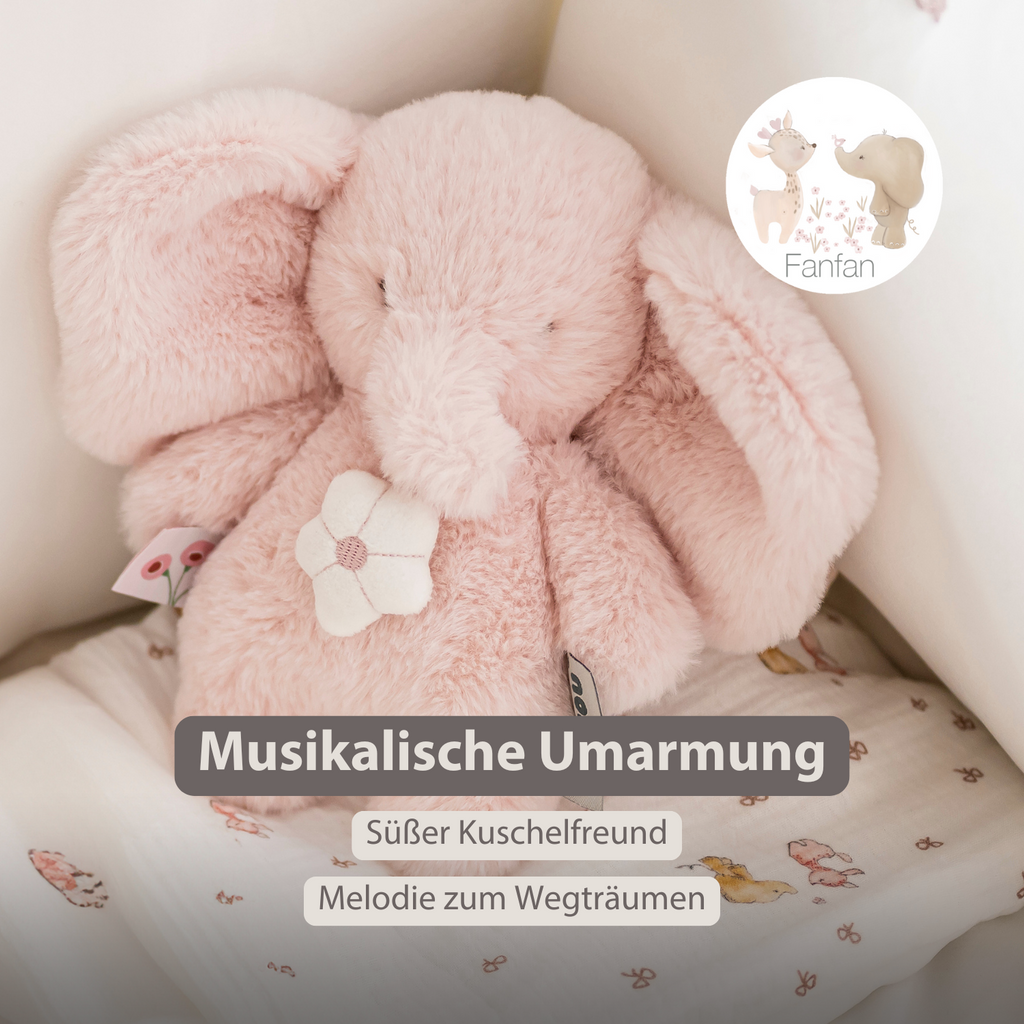 FanFan Musical Cuddle Toy Elephant – 20 cm – Soft Plush with Music – Pink [DE]