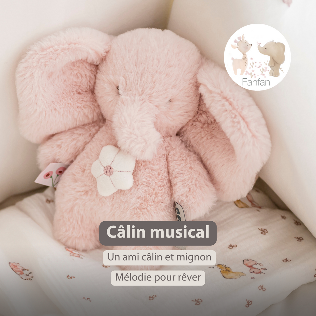 FanFan Musical Cuddle Toy Elephant – 20 cm – Soft Plush with Music – Pink [FR]