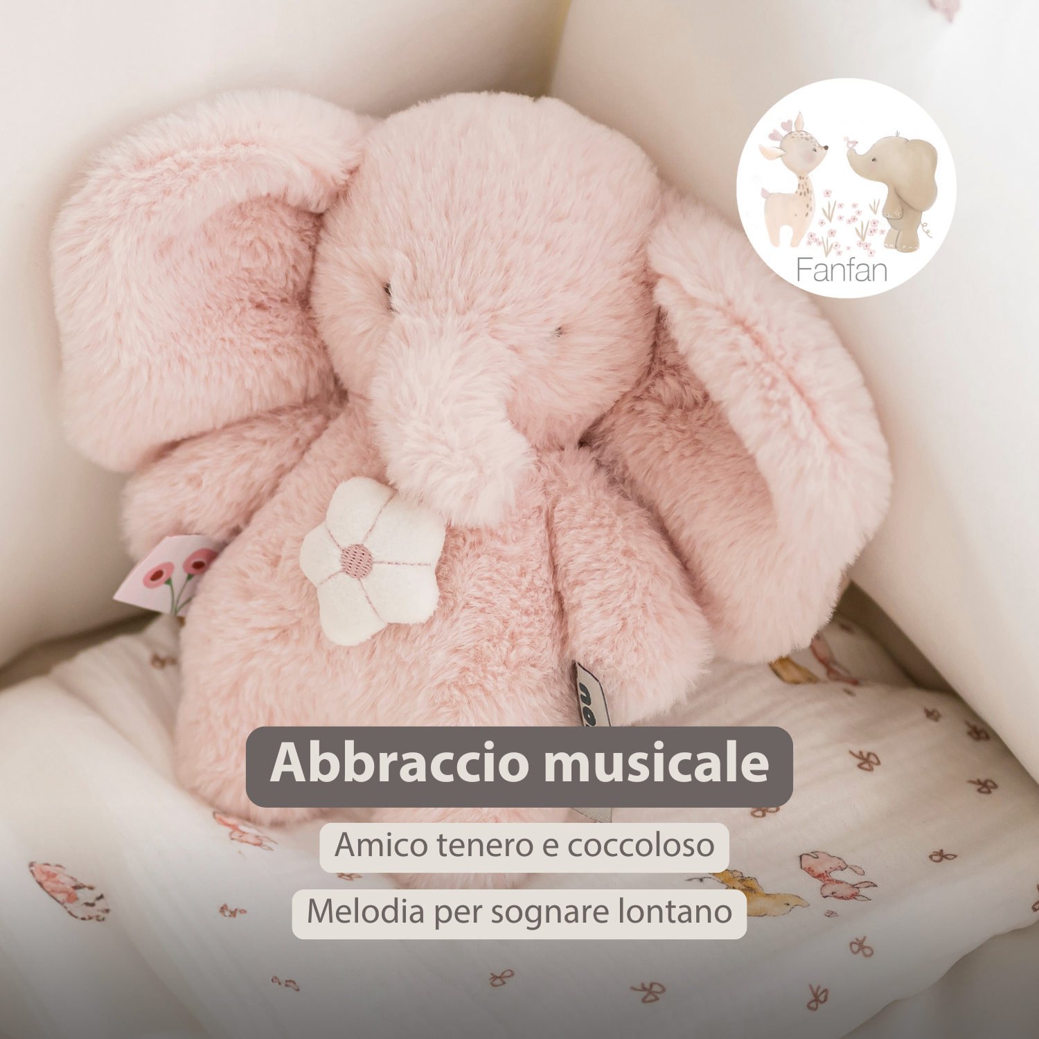FanFan Musical Cuddle Toy Elephant – 20 cm – Soft Plush with Music – Pink [IT]