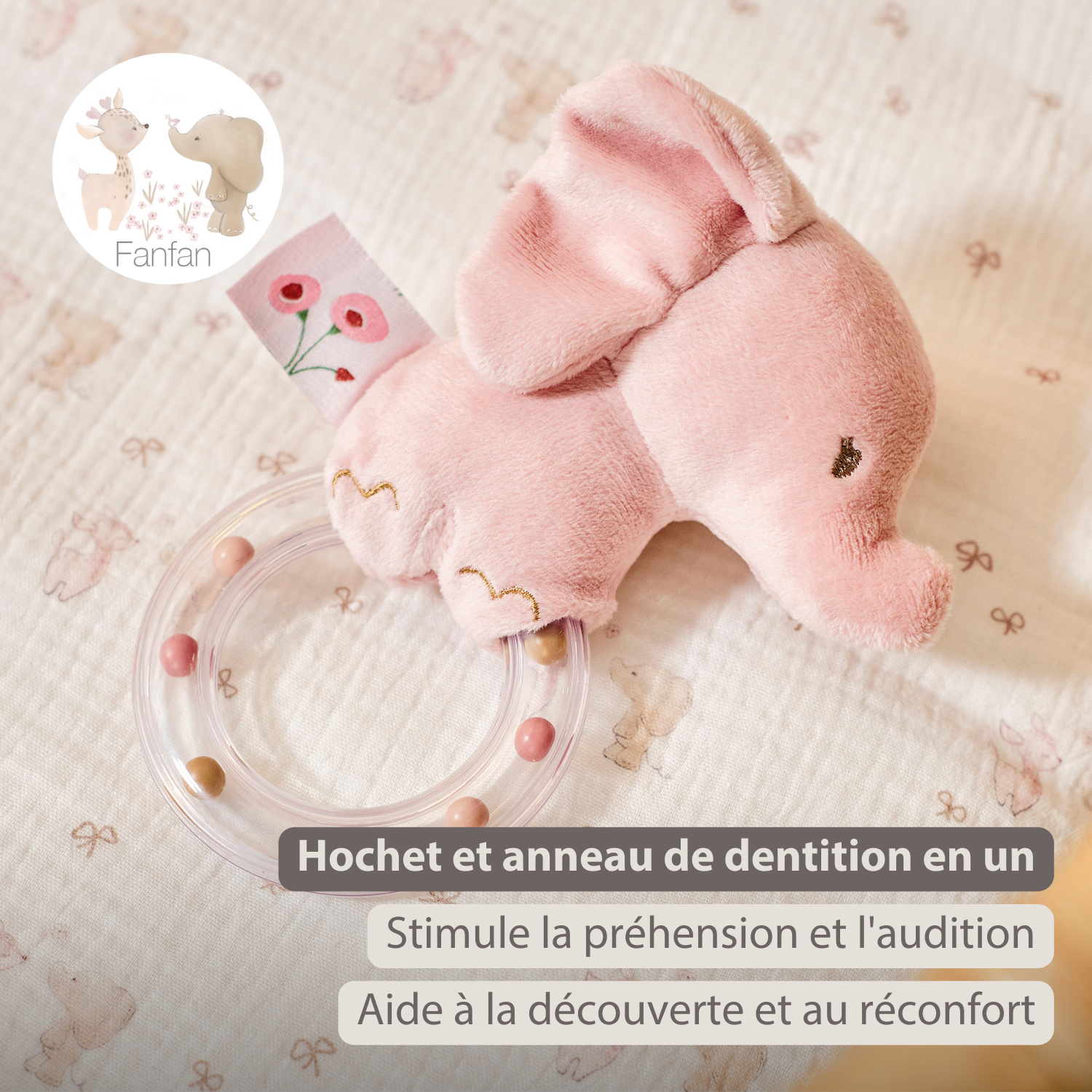 FanFan Rattle Baby Elephant - 15 cm - Baby Teether [FR]