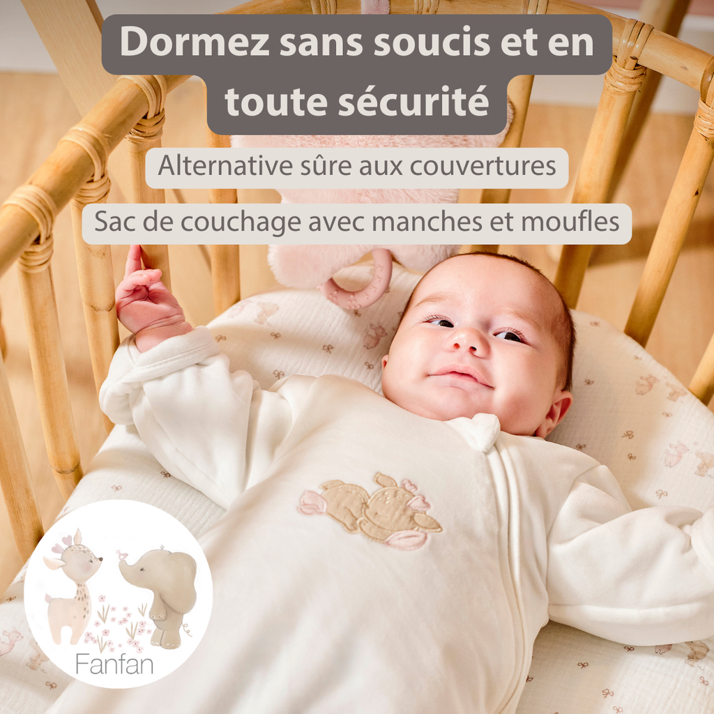 FanFan Baby Sleeping Bag 60 cm – White Velour Sleeping Bag with Sleeves and Mittens – TOG 2.5 [FR]
