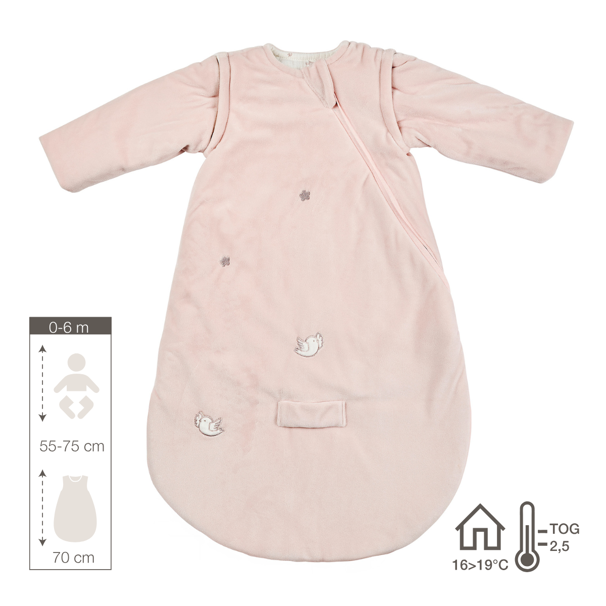 FanFan Baby Sleeping Bag 70 cm – Pink Velour Sleeping Bag with Detachable Sleeves – TOG 2.5 [DE]