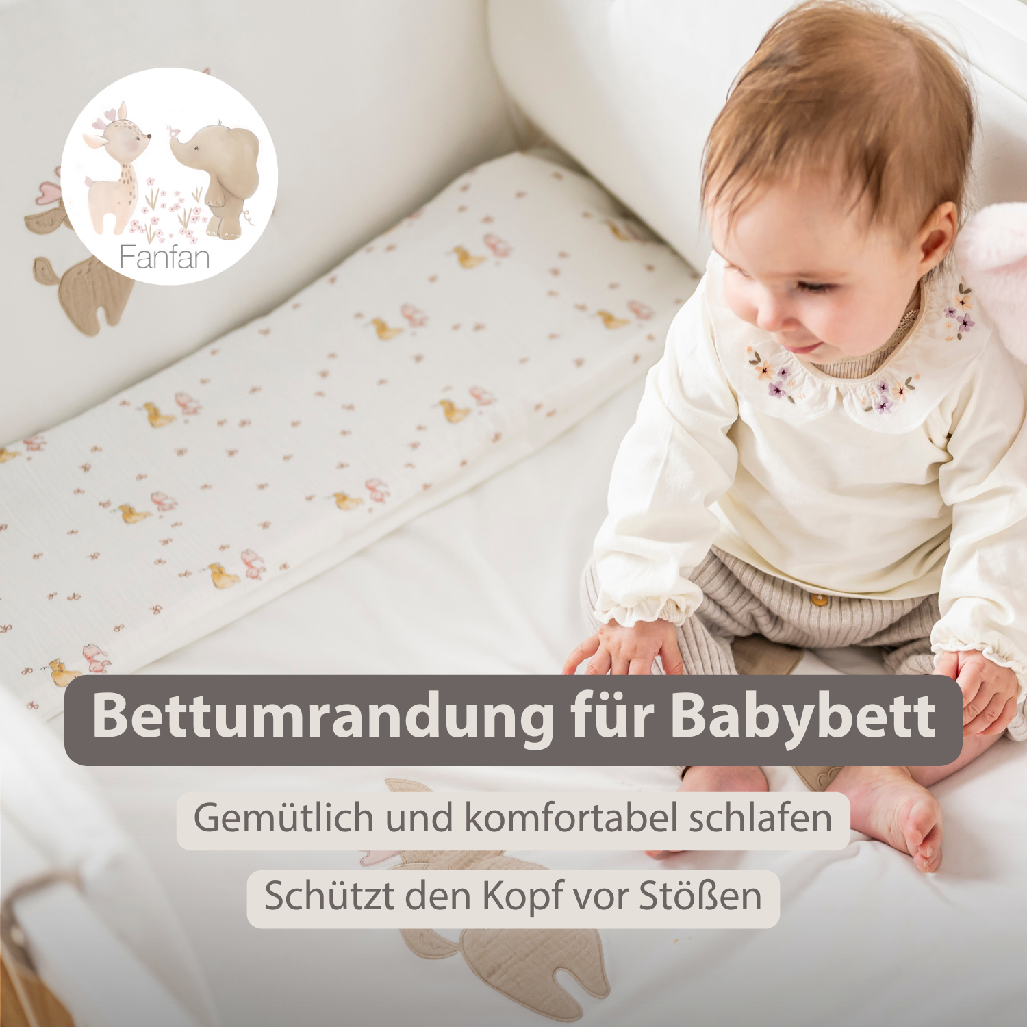 FanFan Bed Bumper Soft Velour – White – 60/70 cm – Baby Bed Protection [DE]
