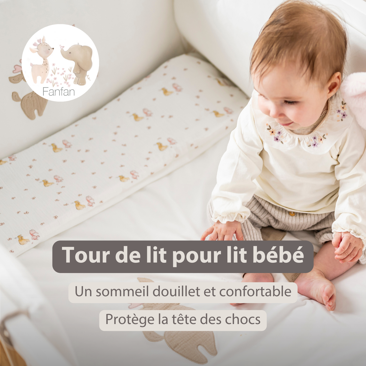 FanFan Bed Bumper Soft Velour – White – 60/70 cm – Baby Bed Protection [FR]