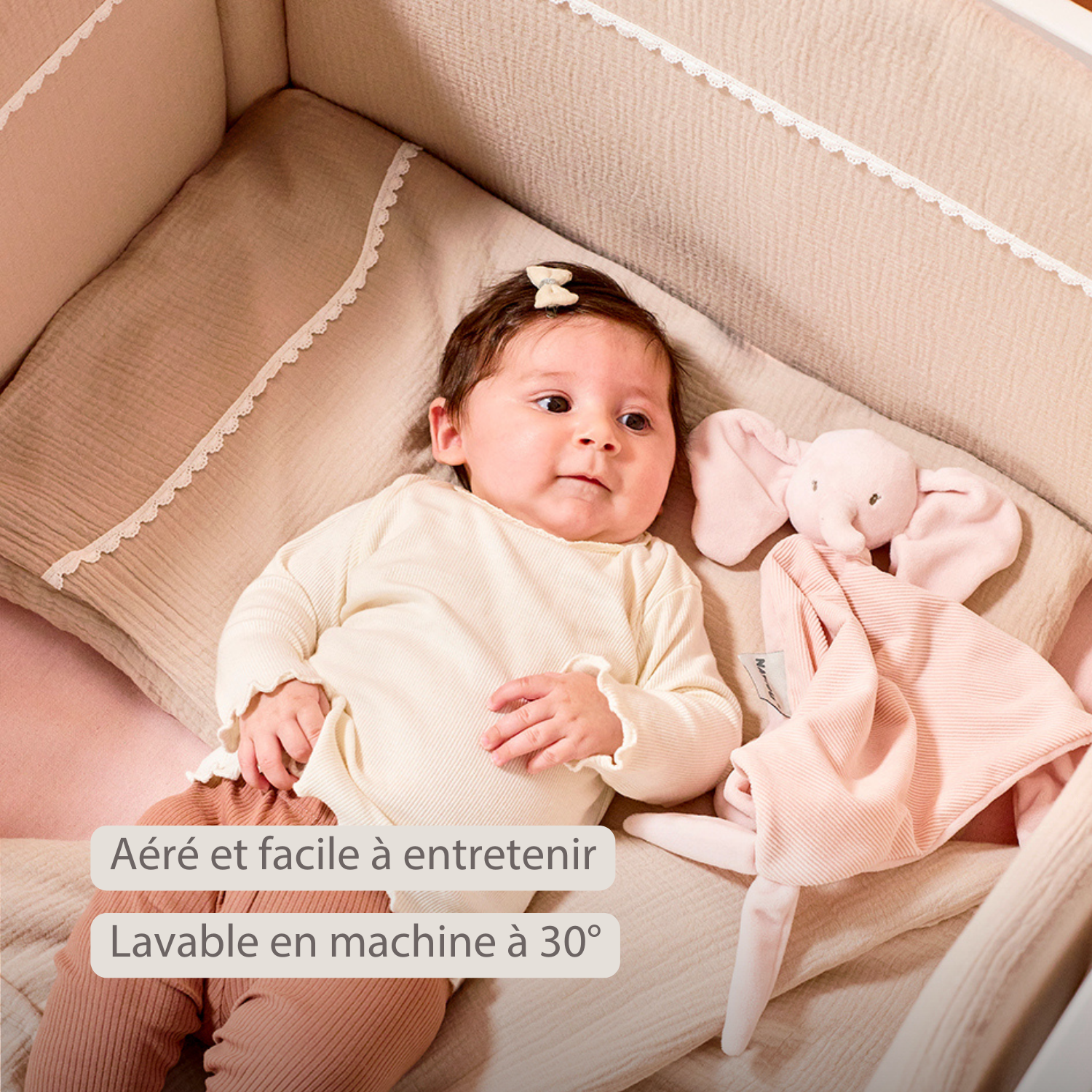 FanFan Bed Bumper Tetra Cotton – Sand – 60/70 cm – Soft Baby Bed Protection [FR]